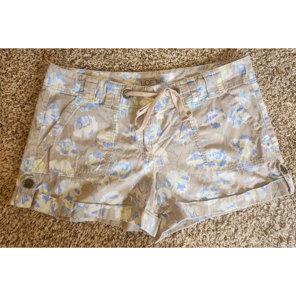 Ann Taylor‎ LOFT Original Floral Drawstring Shorts Tan Blue Yellow Womens 8 EUC